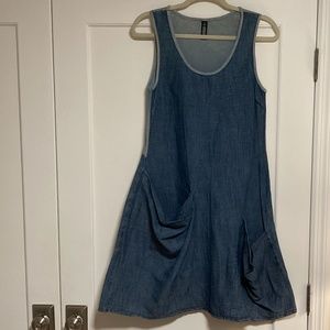 Inizio linen/cotton blue asymmetrical pocket dress